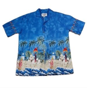 Waikiki Parrot Hawaiian Shirt Men Small Tik Parrothead Surf Beach Tropical Blue